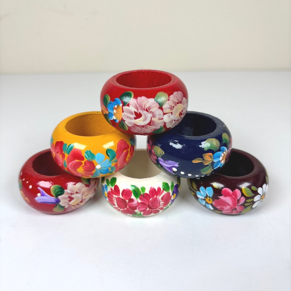 Hungarian‎ Hand Painted Wooden Floral Napkin Rings Set of 6 Multicolor Cottage